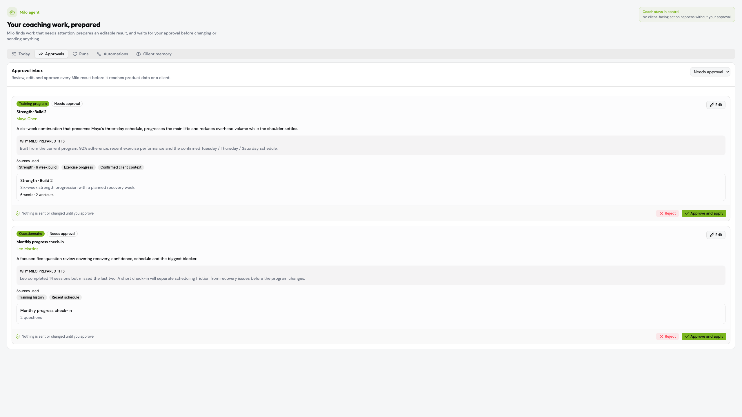 Milo Agent approval inbox with editable program and questionnaire proposals